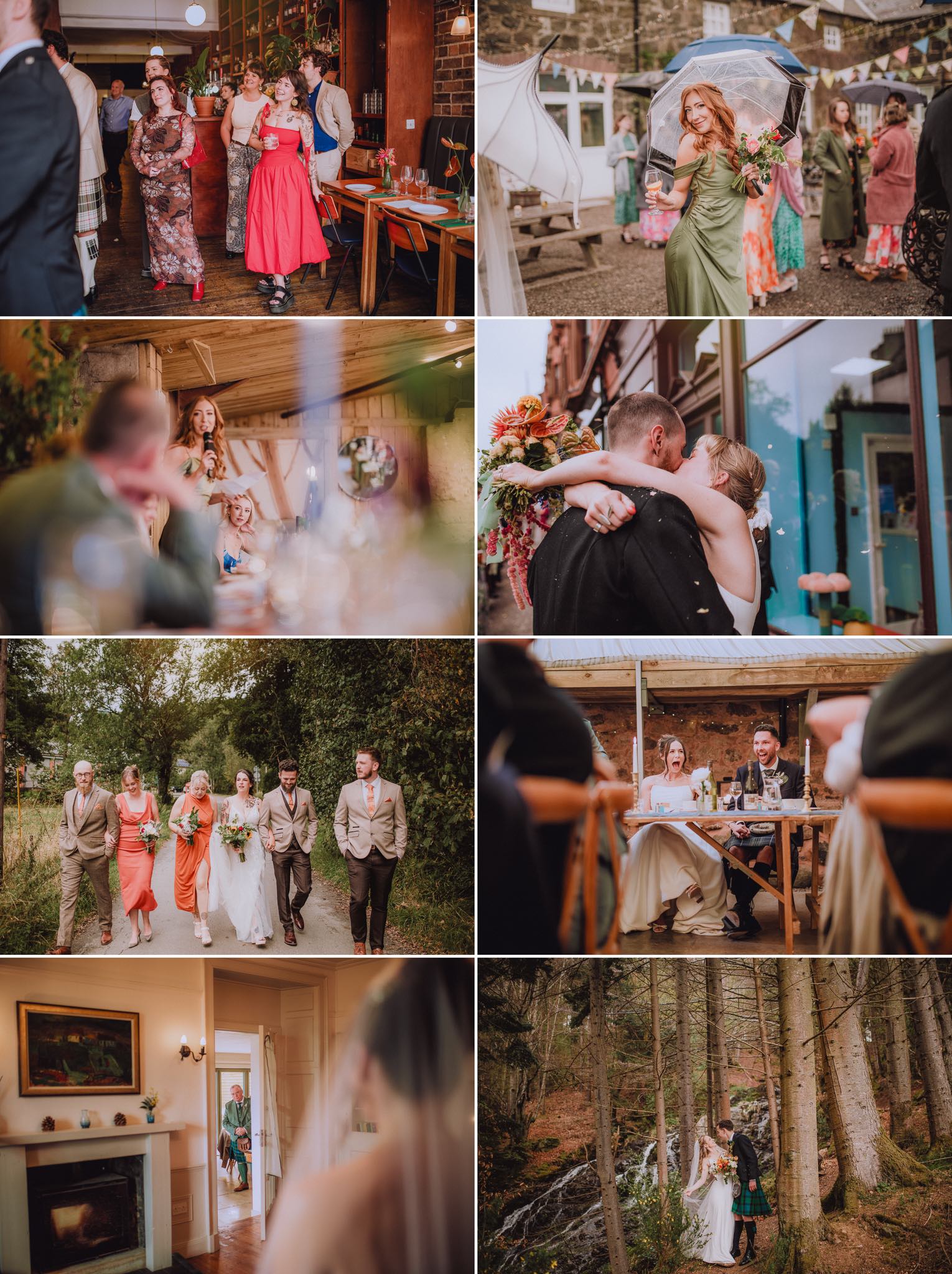 Bride walking alongside her bridesmaids through sunlit gardens, dresses flowing and laughter shared during a relaxed outdoor wedding moment in Scotland, relaxed natural waiting photography Scotland